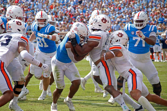 Ole Miss Rebels running back Quinshon Judkins versus the Auburn Tigers (2022).